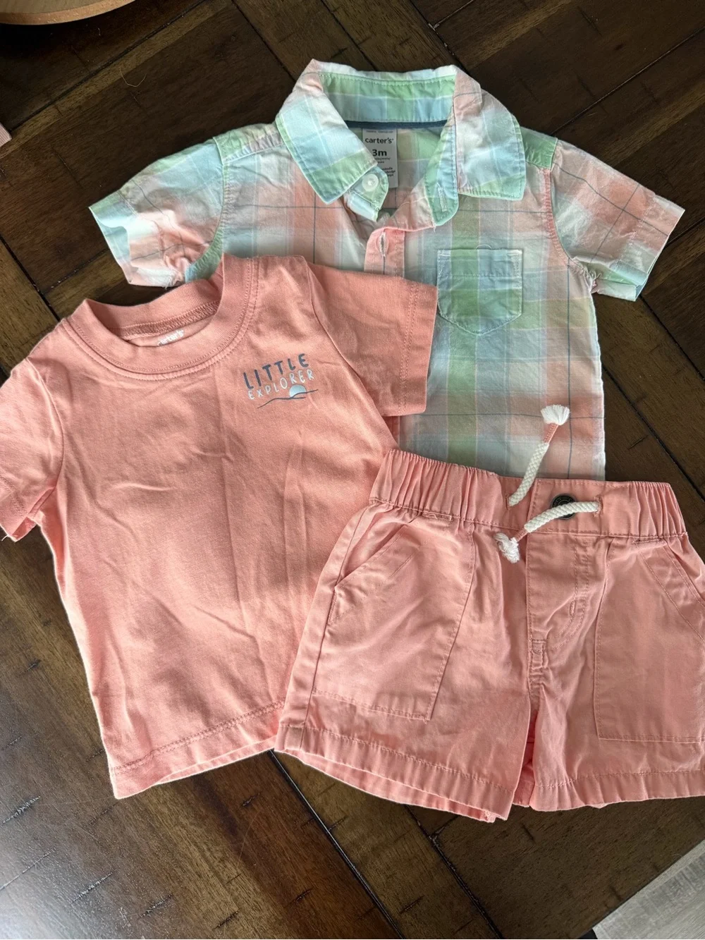 Carter's Peach Tee, Shorts & Pastel Plaid Button Shirt Set